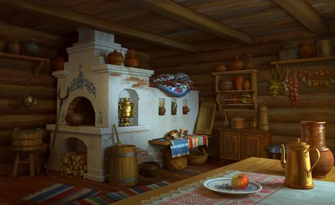 Izba Russian House, Russian Kitchen Design, Russian Design Interior, Traditional Russian House, Russian Mountains, Russian Izba, Slavic House, Russian Cottage, Russian Stove