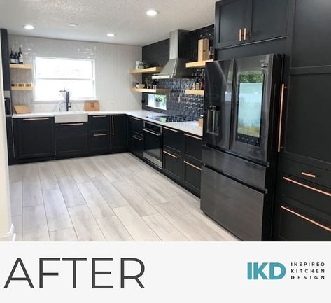 IKEA modern farmhouse kitchen with character Black Ikea Kitchen Cabinets, Ikea Black And White Kitchen, Ikea Black Cabinets, Ikea Black Kitchen, Black Ikea Kitchen, Ikea Lerhyttan, Kitchen Soffit, Black Appliances Kitchen, Ikea Kitchen Remodel