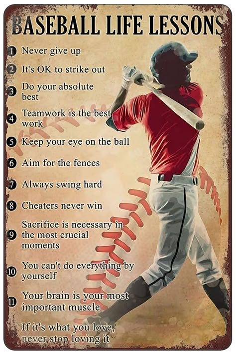 PRICES MAY VARY. Inspirational baseball life lessons: The tin sign features humorous yet inspiring quotes about perseverance and never giving up, perfect for motivating any baseball fan. High-quality metal construction: Made from durable tin material, this sign is built to last and can withstand wear and tear. Versatile decoration: Suitable for any home, bar, pub, diner, or cafe, the retro vintage design adds a touch of nostalgia to your decor. Easy to install: Pre-drilled holes make it easy to Poster Art Ideas, Good Teamwork, Baseball Quotes, Baseball Posters, Soccer Poster, Motivational Wallpaper, Cafe Wall, Poster Retro, Baseball Mom