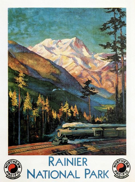 Train Posters, Railway Posters, Mount Rainier National Park, Washington Usa, Rainier National Park, National Park Posters, National Parks Trip, Vintage Train, A4 Poster