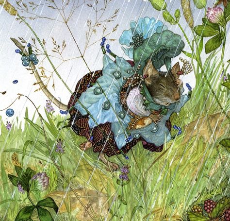 MAMA RAT IN RAIN Jan Brett ILLUSTRATION  What she made her dress of Town Mouse And Country Mouse, Fritz Baumgarten, Celebrate Each New Day, Jill Barklem, Jan Brett, Mouse Illustration, Mouse Art, Mia Mia, Kids Illustration