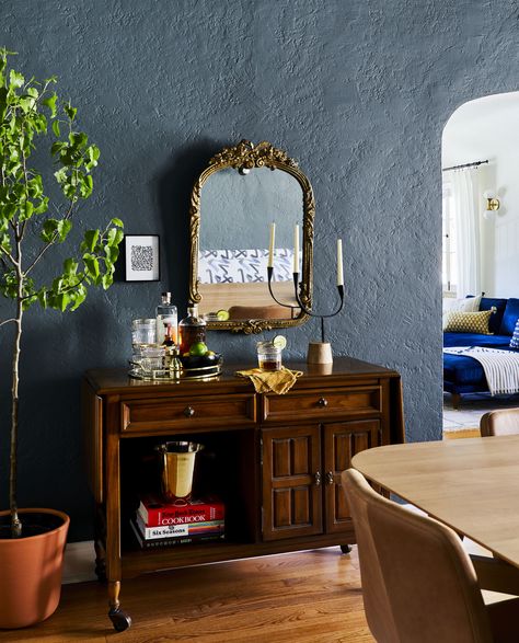 Arlyn Hernandez Makeover Takeover Dining Room | Emily Henderson #interiordesign #homeaccents #style 1920s Dining Room, Rental Makeover, Blue Accent Walls, Living Room Reveal, Rooms Reveal, Wall Color, Table And Chairs, Interior Designers, A Table