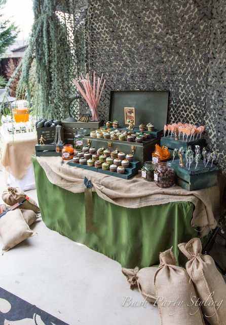 Military, Nerf, Camo / Birthday "Devyn's Nerf War Birthday Bash" | Catch My Party Camo Backdrop, Camo Birthday Party Ideas, Military Themed Party, Halo Birthday Parties, Army Party Decorations, Soldier Party, Camo Birthday Party, Camouflage Party, Army Theme