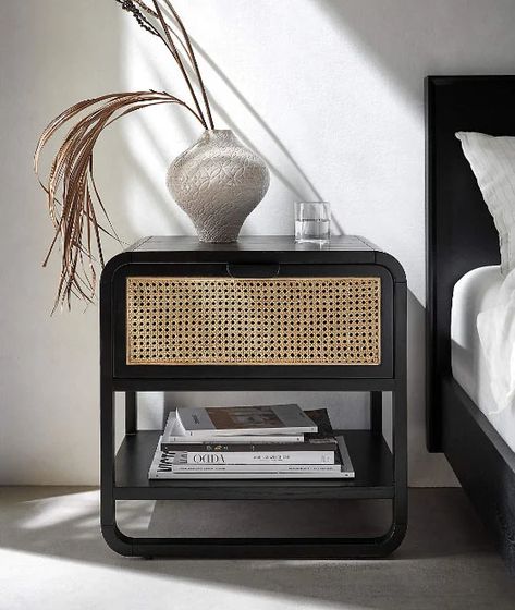 Photo of modern black framed cane nightstand Curved Nightstand, Cane Bedroom, Cane Bedside Tables, Cane Nightstand, Cane Table, Boho Nightstand, Designer Nightstand, Rattan Bedroom, Round Nightstand