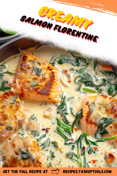 Indulge in the rich flavors of Creamy Salmon Florentine, a perfect blend of tender salmon and creamy spinach sauce. This delightful dish combines the freshness of perfectly pan-seared salmon with the warmth of a luscious Florentine sauce. Ideal for a cozy dinner or impressing guests, this recipe brings a taste of gourmet dining right to your kitchen. Explore step-by-step instructions and tips for making this deliciously creamy meal, packed with nutrients and flavor. Whether you're a seafood lover or looking to try Salmon And Sausage Recipes, Salmon With Spinach Cream Sauce, Best Salmon Recipes Pan Seared, Gourmet Salmon Recipes, Salmon And Mushrooms Recipes, Creamy Salmon Recipes, Salmon And Mushrooms, Florentine Sauce, Salmon Spinach Recipes