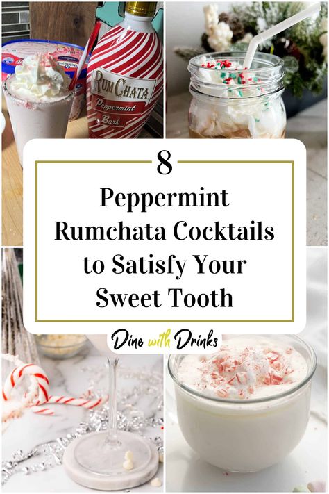 Collage of 4 peppermint rumchata cocktails. Peppermint Rumchata Drink, Run Chata Drinks, Peppermint Rum Chata Recipes, Rumchata Peppermint Bark Drinks, Peppermint Bark Rumchata Recipes, Rumchata Christmas Drinks, Peppermint Alcoholic Drinks, Peppermint Rumchata Recipes, Drinks With Rumchata