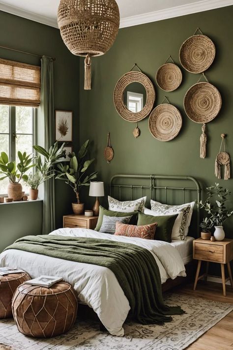 Earthy Bedroom Green Walls, Boho Green Bedroom, Olive Green Room, Green Bedrooms Ideas, Bedroom Ideas Terracotta, Terracotta Bedroom Decor, Green Bedroom Paint Colors, Green Walls Bedroom, Terracotta And Green Bedroom