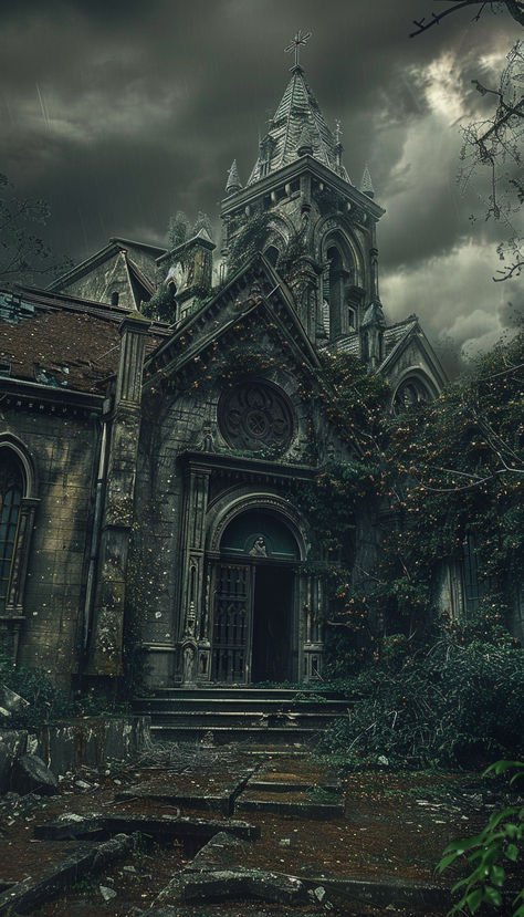 Abandoned gothic church on spooky grounds Spooky Abandoned Places, Abandoned Church Aesthetic, Spooky Architecture, Gothic Cottagecore Aesthetic, Cemetery Boys, Spooky Mansion, Feeling Uneasy, Gothic Cottagecore, Gothic Homes