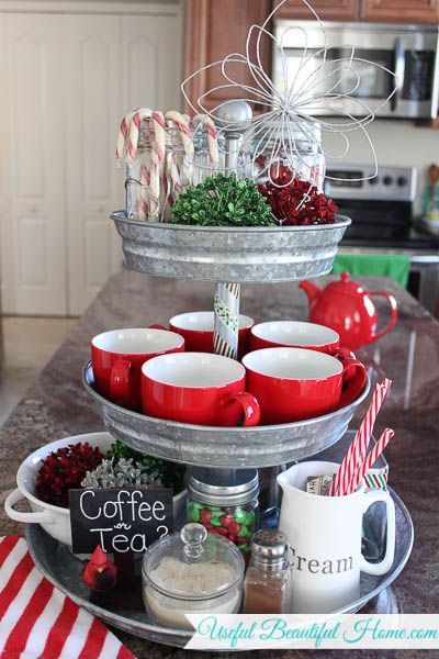 This is just cute .... 3 tier hot chocolate/tea set up. Would be great at christmas for those who want to help themselves. Three Tiered Tray, Natal Country, Seni Dan Kraf, Navidad Diy, Tiered Trays, Christmas 2016, Noel Christmas, Christmas Kitchen, Christmas 2019