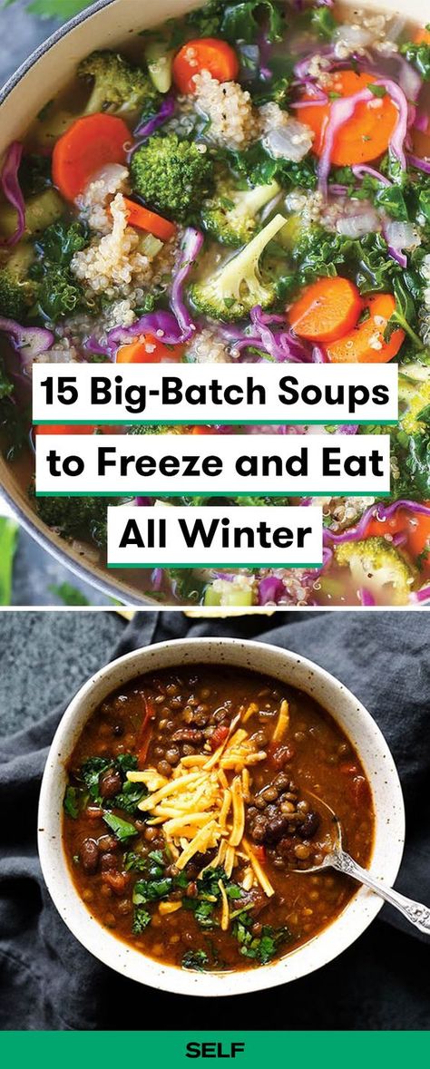 These delicious make ahead soups are great to freeze and reheat whenever you're ready to eat! These healthy soups will keep you warm during the winter with yummy ingredients like kale, lentils, quinoa, and chickpeas you can toss in the slow-cooker. Make these soup recipes part of your meal prep routine. Soups To Freeze, Freezable Soups, Quinoa And Chickpeas, Recipes Lentils, Freezing Soup, Freeze Ahead Meals, Healthy Frozen Meals, Winter Soup Recipe, Freezable Meals