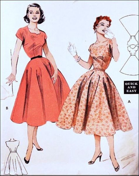 "Butterick 6937 Dress with Circle Skirt Size 14 Bust 32\" Waist 26.5\" Hips 35\" Pattern is Gently Used, Counted, Complete and Pressed My environment is Smoke and Pet Free Description: 1954; Quick & Easy Dress: Cut-Out Neckline. For gayer evening: a shimmering lace dress (full--lined) with dew-drop neckline, cropped sleeves, wide whirling skirt (View A). Alternate party favorite: no lining, choice of fabrics, higher neckline (View B). Don't pass up this Vintage Pattern because it is the wrong Si 1950 Dress Patterns, 1950s Evening Dress, 50s Fashion Aesthetic, 50s Vintage Aesthetic, 1950s Fashion Casual, 50s Fashion For Women, Coquette 60s, 50s Style Dresses, 40s Dresses