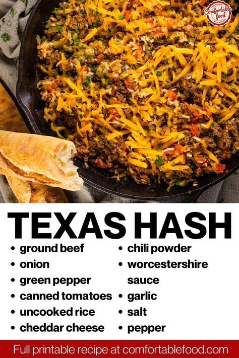 Texas Hash is the tried-and-true hearty, easy weeknight meal that is hard to beat! It is one of those comforting and tasty ground beef recipes that the whole family love, and it's ready to serve in just 40 minutes. Beef And Hashbrown Recipes, Texas Beef Skillet, Cast Iron Ground Beef Recipes, Texas Hash Recipe, Southern Hash Recipe, Tasty Ground Beef Recipes, Mexican Ground Beef Recipes, Hash Recipes, Texas Hash