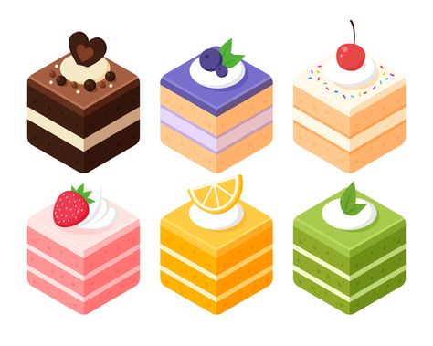 Collection of cube cake slices. Chocolate, strawberry, vanilla, matcha or green tea, orange, and blueberry cake. Isometric sweets icon. Cute cartoon vector illustration. Cafe sweet dessert menu. 13708090 Vector Art at Vecteezy 3d Vector Art, Isometric Food Illustration, Cute Tea Drawing, Cake Vector Illustration, Cute Cake Illustration, Cake Illustration Design, Cake Art Drawing, Blueberry Drawing, Dessert Tattoo