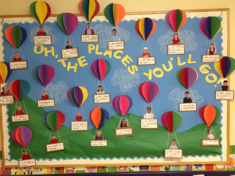 Hot Air Balloon Classroom Theme, Birthday Board Classroom, Dr Seuss Classroom, Activities For The Classroom, Summer Bulletin Boards, Seuss Classroom, Seuss Crafts, Preschool Bulletin, Classroom Birthday