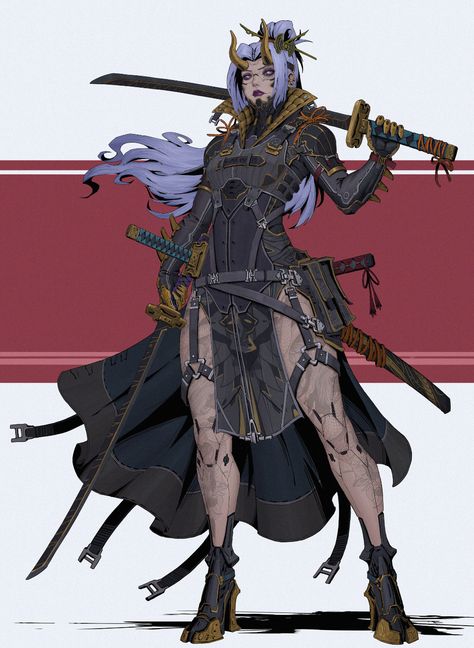 Full Body Character Art, Oni Female, Lee Kimsan, Female Oni, Cyberpunk Oni, Shadowrun Rpg, Ronin Samurai, Female Ninja, Female Samurai