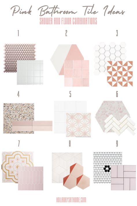 Shower and floor tile combinations for a pink bathroom Pink Bathroom Tile, Pink Tile Bathroom Ideas, Pink Tile Bathroom, Bathroom Tiles Combination, Tile Combinations, Feminine Bathroom, Pastel Bathroom, Pink Bathroom Tiles, Retro Pink Bathroom