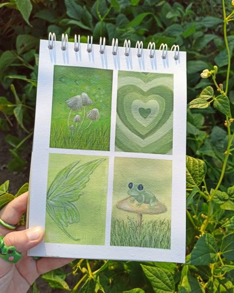 green aesthetic | painting | frog | fairy wings | mushrooms | green heart Sketchbook Mushroom, Green Painting Ideas, Green Aesthetic Painting, Drawing Aesthetic Sketchbook, Frog Fairy, Aesthetic Sketchbook, Painting Fairy, Frog Painting, Sketchbook Spread