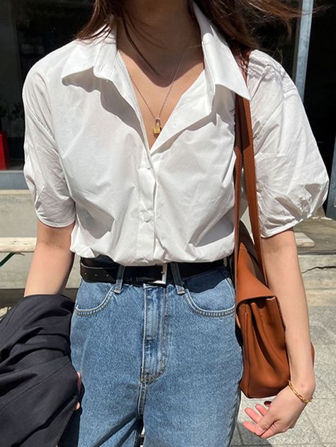 White Button Down Short Sleeve Outfit, White Puff Sleeve Shirt Outfit, Eclectic Workwear, Short Sleeve Polo Women Outfit, White Collared Shirt Outfit Aesthetic, Collared Shirt Outfit Aesthetic, White Polo Outfit Women Long Sleeve, Long Sleeve Polo Outfit Women, Polo Women Outfit