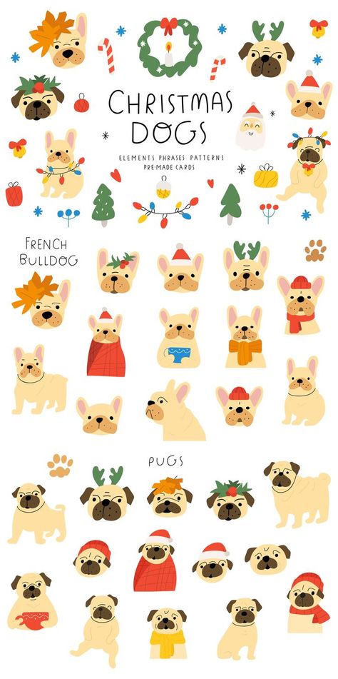 French Bulldog Illustration Cute, Dog Christmas Illustration, Christmas Dog Illustration, Dog Advent Calendar, Christmas Cards Drawing, French Bulldog Christmas, Pug Illustration, Christmas Dachshund, Dog Prints