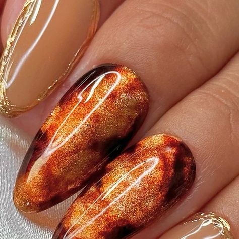 Daily Charme Official on Instagram: "Nail tutorial: Velvet cat eye tortie nails 🍁✨ What other fall nail looks do you want to see? Using @daily_charme 🧡 C28 Pawsitive (new) 🤎 T02 Old Fashioned 🧡 T05 Peach Bellini 💛 Bronze Chrome 🧡 3D Chrome Effect Gel 🤎 Art Liner 20 Brush (new) 🧡 Magnetic Cylinder Wand Save & share if you love nail art like we do! 💅🏽 #nailtutorials #cateyenails #tortienails #fallnails #nailart #gelpolishnails #velvetnails" Copper Marble Nails, Tortishell Nails Design Square, Cat Eye Orange Nails, Autumn Marble Nails, Orange Cat Eye Nails, Tigers Eye Nails, Fall Cat Eye Nails, Tortishell Nails Design, Tortie Nails