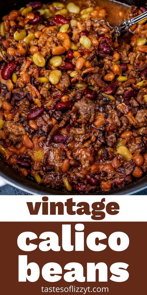 This vintage Calico Beans recipe is a must-make for everything from summer picnics to cool winter evenings. Serve as a main dish or a side dish. Calico Baked Beans, Calico Beans Recipe, Beans With Ground Beef, Ground Beef And Bacon, Calico Beans, Beans In Crockpot, Cowboy Beans, Baked Bean Recipes, Types Of Beans