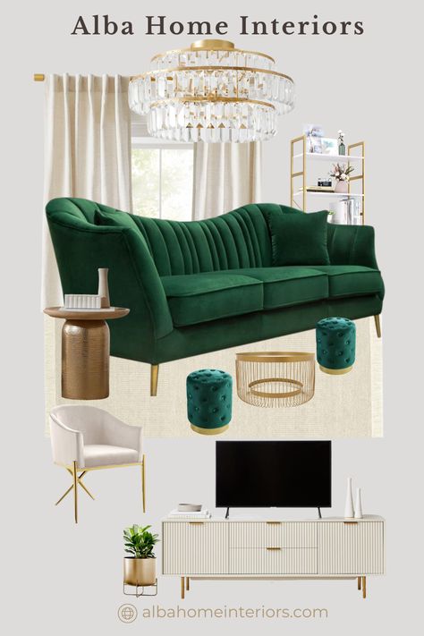 Emerald Green Salon, Emerald Green Sofa Living Room Ideas, Green Gold Living Room, Emerald Green Color Scheme, Beige And White Living Room, Airbnb Inspiration, Green Office Decor, Mod Board, Green Couch Living Room