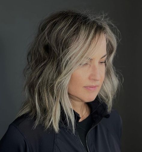 High-Contrast Money Piece for Dark Lob Lavender Grey Hair, False Narrative, Grey Brown Hair, Gray Blending, Sleek Bob Hairstyles, Encourage Each Other, Gray Balayage, Being Intentional, Light Brunette