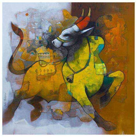 5 Vastu Paintings That Exude Positivity 3 Indian Bull Painting, Bull Painting Vastu, Nandi Painting Canvas, Abstract Bull Painting, South Wall Vastu Painting, Bull Painting Canvases, Indian Contemporary Art Paintings, Vastu Paintings For Home, Positive Art Painting