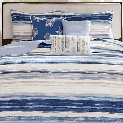 JCPenney Bedding For Grey Headboard, Throw Pillows Blue, Coastal Bedding Sets, Coastal Bedding, Grey Headboard, Bob's Discount Furniture, Madison Park, Coverlet Set, Blue Throw Pillows