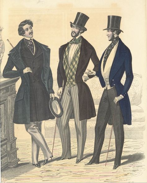 1844:  from the French journal L’Élégant : Journal Des Tailleurs  found in the  Bibliothèque Nationale de France. Victorian Inventions, Mens Victorian Fashion, 19th Century Men, Victorian Men, Victorian Man, Mens Fashion Illustration, 1800s Fashion, 19th Century Fashion, Vintage Mens Fashion