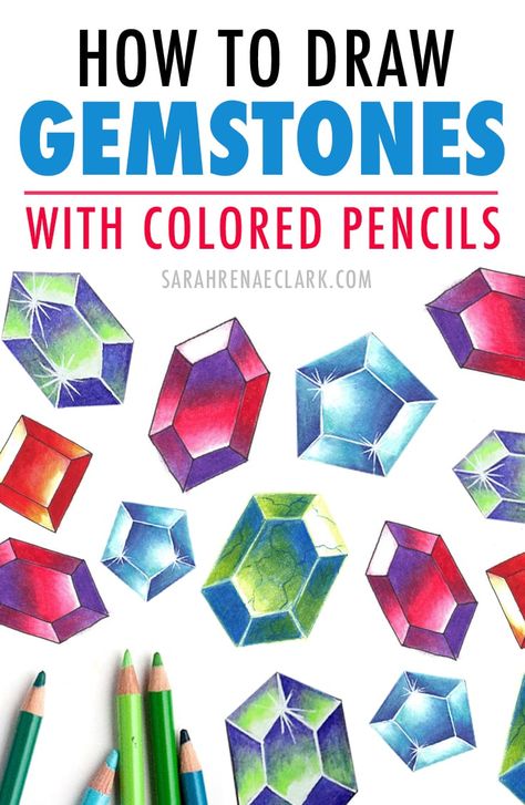 Learn how to draw gems with colored pencils in this simple tutorial! Gemstones are a great way to make your adult coloring pages look amazing. Read the full tutorial at sarahrenaeclark.com Find more adult coloring tutorials, colored pencil techniques and free coloring pages at sarahrenaeclark.com #adultcoloring #gemstones #coloredpencil #penciltechniques Draw Gemstones, Draw Gems, Gem Drawing, Blending Colored Pencils, Pencil Techniques, Colored Pencil Tutorial, Pencil Drawing Tutorials, Coloring Tips, Colored Pencil Techniques