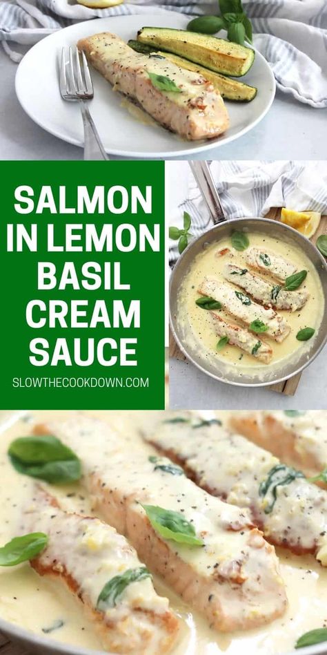 Rich, indulgent and fancy, but so easy to make, this salmon in creamy basil and lemon sauce is sure to impress! Fresh and zingy, this dish is quick enough to enjoy for a weeknight dinner, but delicious enough to serve to company. Made from scratch, the cream sauce has flavors of lemon, basil and garlic for one tasty meal. Salmon With Basil Cream Sauce, Salmon And Basil Recipes, Lemon Basil Salmon, Basil Salmon Recipes, Salmon Basil Recipes, Lemon Basil Cream Sauce, Lemon Sauce For Salmon, Salmon Basil, Basil Salmon