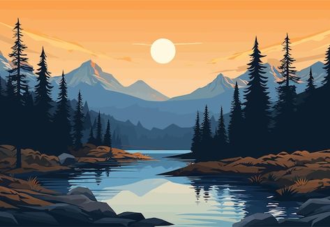 Free Illustrations For Commercial Use, Simple Landscape Background, River Of Life Drawing, Illustrated Landscape, Creative Desktop Wallpaper, Wallpapers Mac, River Illustration, Lake Background, Fire Watch