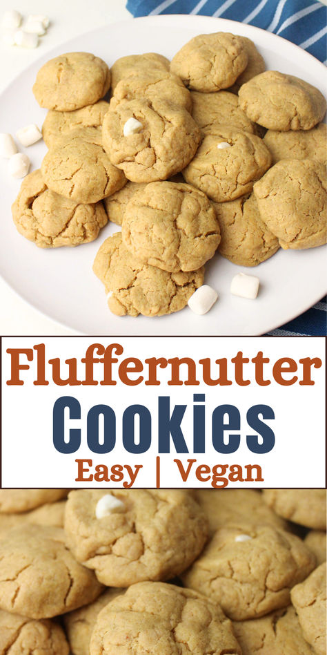 Plate of fluffernutter cookies with some mini marshmallows. Vegan Fluffernutter Cookies, Vegan Fluffernutter, Cookies With Mini Marshmallows, Fluffernutter Cookies, Flax Eggs, Completely Delicious, Scone Recipes, Vegan Marshmallows, Vegan Cookie