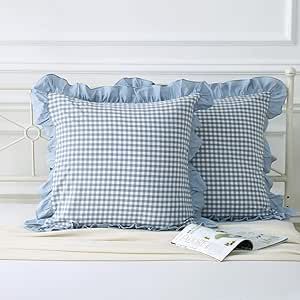 Mywinlle Dusty Blue Plaid Ruffle Throw Pillow Covers for Couch 20"x20",2 Pack Vintage Checkered Washed Cotton Pillow Cases for Bed, Sofa, Living Room Blue Plaid Pillows, Gingham Kitchen, Cottagecore Bedroom Ideas, Checkered Pillow, Ruffle Pillow Case, Cottagecore Bedroom, Kitchen Dark, King Size Pillow Shams, Plaid Pillow Covers