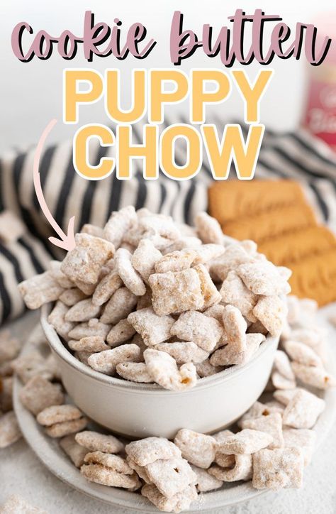 Cookie butter puppy chow is a white chocolate and biscoff version of the crunchy, powdered sugar snack we all know and love – just better. This puppy chow recipe uses the same methods we use to make regular puppy chow – coating crispy chex cereal in chocolate, a specialty butter and powdered sugar, but instead of using milk chocolate and peanut butter, it uses white chocolate and cookie butter. | puppy chow with cookie butter | best puppy chow recipe | puppy chow flavors | how to make puppy chow Peanut Free Puppy Chow, Best Puppy Chow, Best Puppy Chow Recipe, Puppy Chow Cookies, Homemade Cookie Butter, Eating Cookie, Bread Style, Puppy Chow Chex Mix Recipe, Chow Recipe