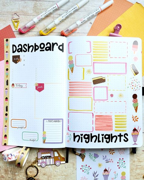 🍦July Monthly Pages Every month in my Bullet Journal I include a dashboard page which lists all the big tasks that need to be done. Alongside this for July I have included a highlights page. This is part of my setup at the start of each month so I can add memorable moments to it throughout. Hope you have had a lovely week - finally feeling like summer has arrived here in the UK! #bulletjournal #bulletjournalcommunity #bulletjournalideas #bujothemeideas #bujoinspiration #bujocommunity #... Monthly Dashboard Bullet Journal, Bullet Journal Themes, Bujo Inspiration, Memorable Moments, Every Month, The Start, Need This, About Uk, Bullet Journal