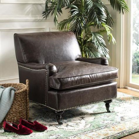 Safavieh Chloe Rustic Antique Brown Faux Leather Club Chair in the Chairs department at Lowes.com Leather Upholstery Fabric, Leather Club Chairs, Mid Century Armchair, Leather Cushion, Club Chair, Faux Leather Fabric, Sit Back And Relax, Furniture Outlet Stores, Transitional Design