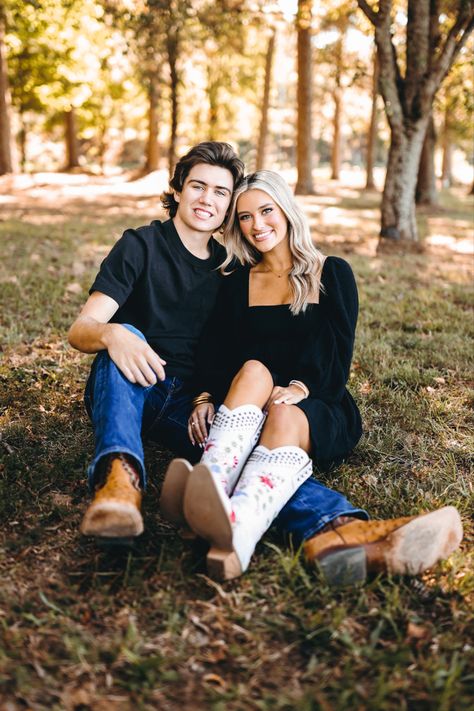 Cowgirl Couple Photoshoot, Engagement Photos Cowboy Boots, Black Dress With Cowgirl Boots, Black Dress Couple Photoshoot, Fall Outfits With Cowgirl Boots, Dress Cowgirl Boots, Dress And Cowgirl Boots, Dress With Cowgirl Boots, Country Pictures