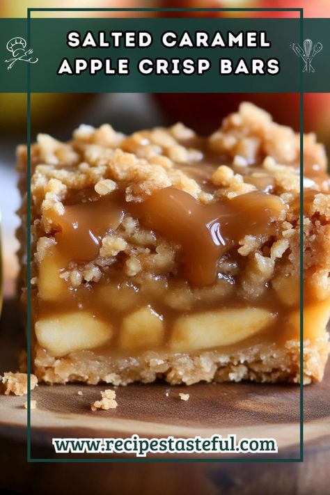 Perfect for fall! These bars have a buttery shortbread crust, juicy apple filling, and an irresistible oatmeal crumb topping with a drizzle of salted caramel. Oatmeal Crumb Topping, Apple Bar Recipes, Apple Crisp Bars, Apple Crisp Bars Recipe, Caramel Apple Bars, Caramel Apple Crisp, Caramel Apples Easy, Buttery Shortbread, Apple Oatmeal