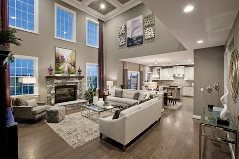 Family Room High Ceiling Design, Suburban Home Exterior Dream Houses, Large High Ceiling Living Room, Large Living Room Ideas With Fireplace, Suburban House Interior Living Rooms, Living Room Suburban, Suburban Living Room, Two Story Living Room, Tall Ceiling Living Room