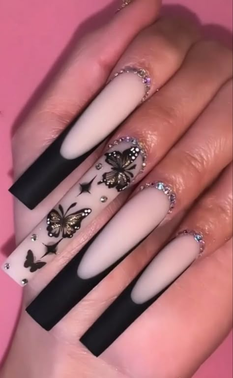 Butterfly Acrylics, Black Acrylic Nail Designs, Black Gel Nails, Impress Nails, Square Nail, Black Acrylic Nails, Punk Nails, Long Acrylic Nail Designs, Gothic Nails