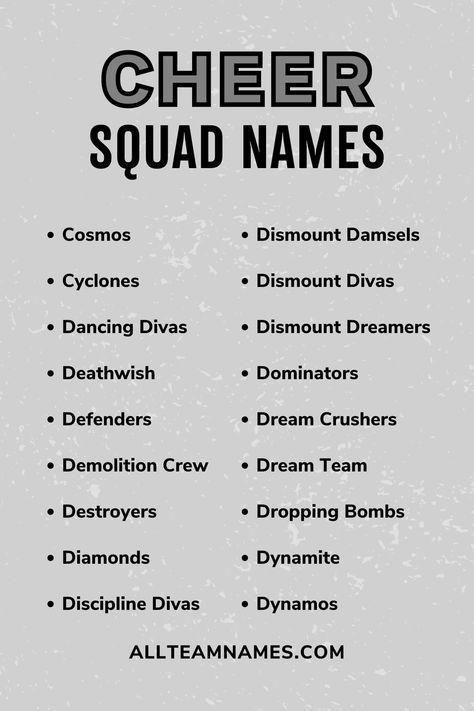 cheer squad names list Cheer Team Names Ideas, Dance Team Names Ideas, Cool Squad Names, Team Names Ideas For Work, Volleyball Team Names Ideas, Squad Names Ideas, Squad Name, Cheerleading Signs, Letter Doodle