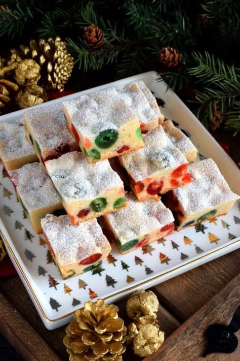 3 Ingredient Cherry Squares Recipe with Paradise Candied Cherry Xmas Squares, Candied Cherries Recipe, Cranberry Ideas, Cherry Squares, Celebrate Yule, Candied Cherries, Lemon Truffles, Dessert Squares, Cherry Bars