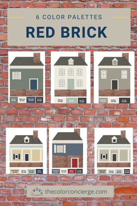 Discover 6 great paint color palettes for red brick with tips on how to choose them. #exteriorpaintcolors #redbrickhouse #swlove #swironore #onlinecolorconsulting #virtualcolorconsulting #thecolorconcierge #colorsmadeeasy Brick Paint Colors, Brick House Colors, Brick House Exterior, Red Brick House Exterior, Red Brick Exteriors, Best Exterior Paint, House Paint Color Combination, Colors 2023, Exterior House Paint Color Combinations