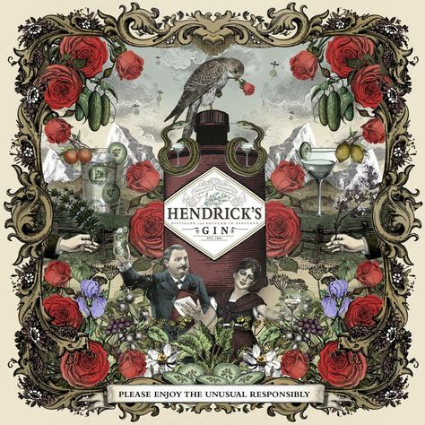 Hendricks Gin Gin Making, Vintage Food Labels, Hendrick's Gin, Farm Logo Design, Quintessentially British, Hendricks Gin, Art Printables, Retro Advertising, Old Fashioned Cocktail