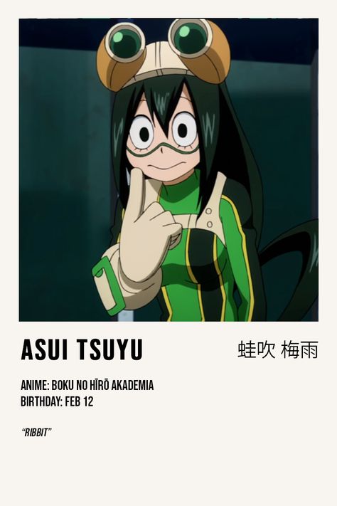 Characters Profile, Anime Info, My Hero Academia Tsuyu, Character Posters, Printable Postcards, Anime Titles, Anime Poster, Poster Room, Comic Art Girls