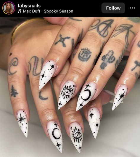 Nail Designs Grunge, Goth Nails Acrylic, Black Witchy Nails, Witchy Nail Art, Mystic Nails, Summer 2024 Trends, Fuller Eyebrows, White Stilettos, Witch Nails