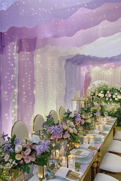 Pink And Purple Debut Theme, Lilac Decorations Wedding, Lavander Theme Debut, Lavender Theme Decoration, Shades Of Purple And Gold Wedding, Debut Theme Ideas Purple, Purple And White Theme Party, Purple White Wedding Decoration, Lilac Decor Wedding