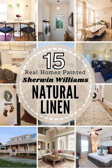 Sherwin Williams Natural Linen is a light warm beige paint color. Explore SW 9109, undertones, color pairings + see pics in 17 REAL homes! #sherwinwilliams #naturallinen #sherwinwilliamsnaturallinen #naturallinenlivingroom #naturallinenkitchen #naturallinenbathroom #naturallinendiningroom #naturallinenexterior #naturallinenbedroom #paint #paintcolor #paintreview Ivoire Sherwin Williams Living Rooms, Farmhouse Accent Wall Paint Colors, Rooms Painted Natural Linen By Sherwin Williams, Sherwin Williams Linen White, Natural Linen Sherwin Williams Walls Living Room, Sw Natural Linen Paint, Natural Linen Trim Color, Natural Linen Wall Color, Natural Linen Exterior House